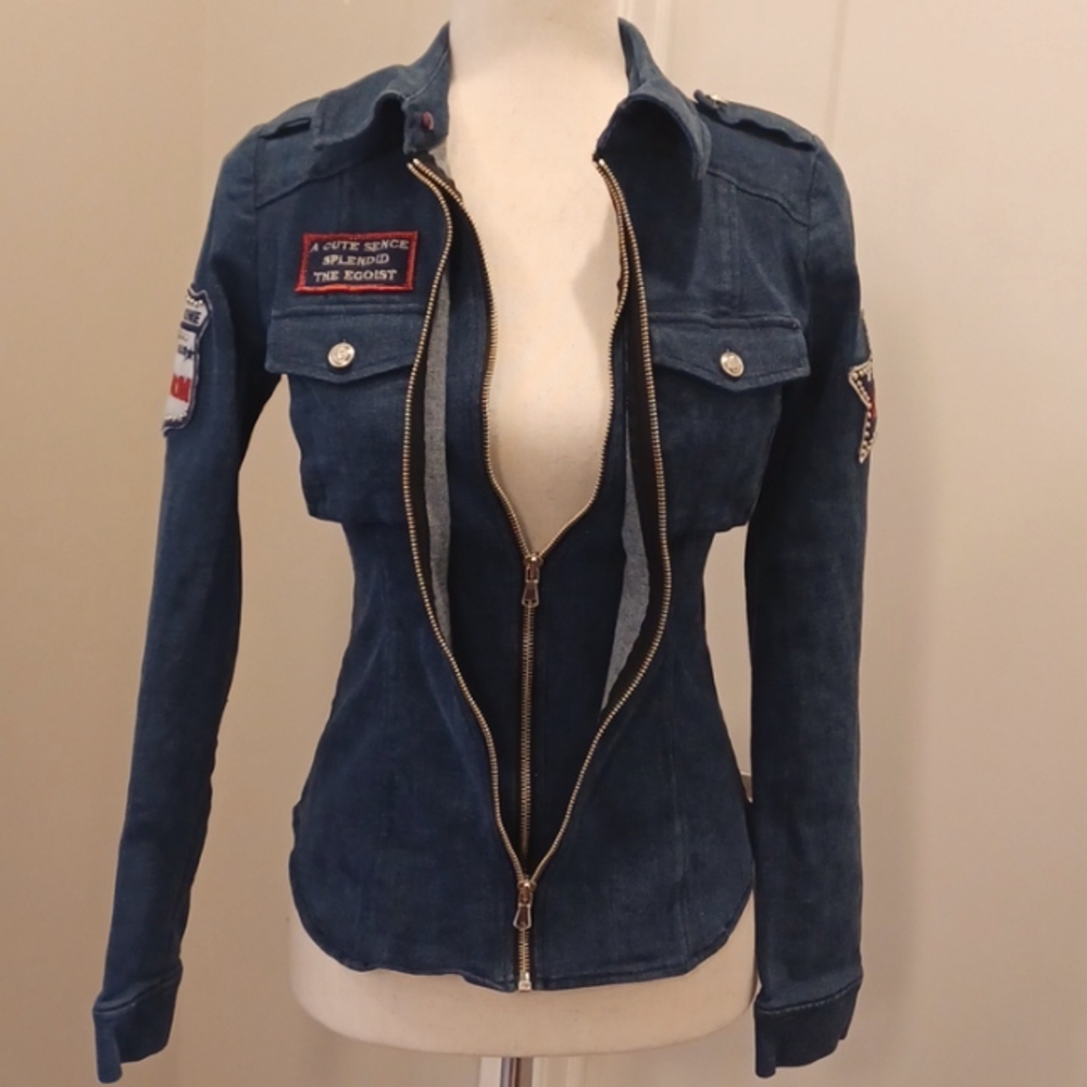 RARE Egoist stretchy blue jean military cow girl denim jacket cowgirl western 55 - Picture 8 of 16